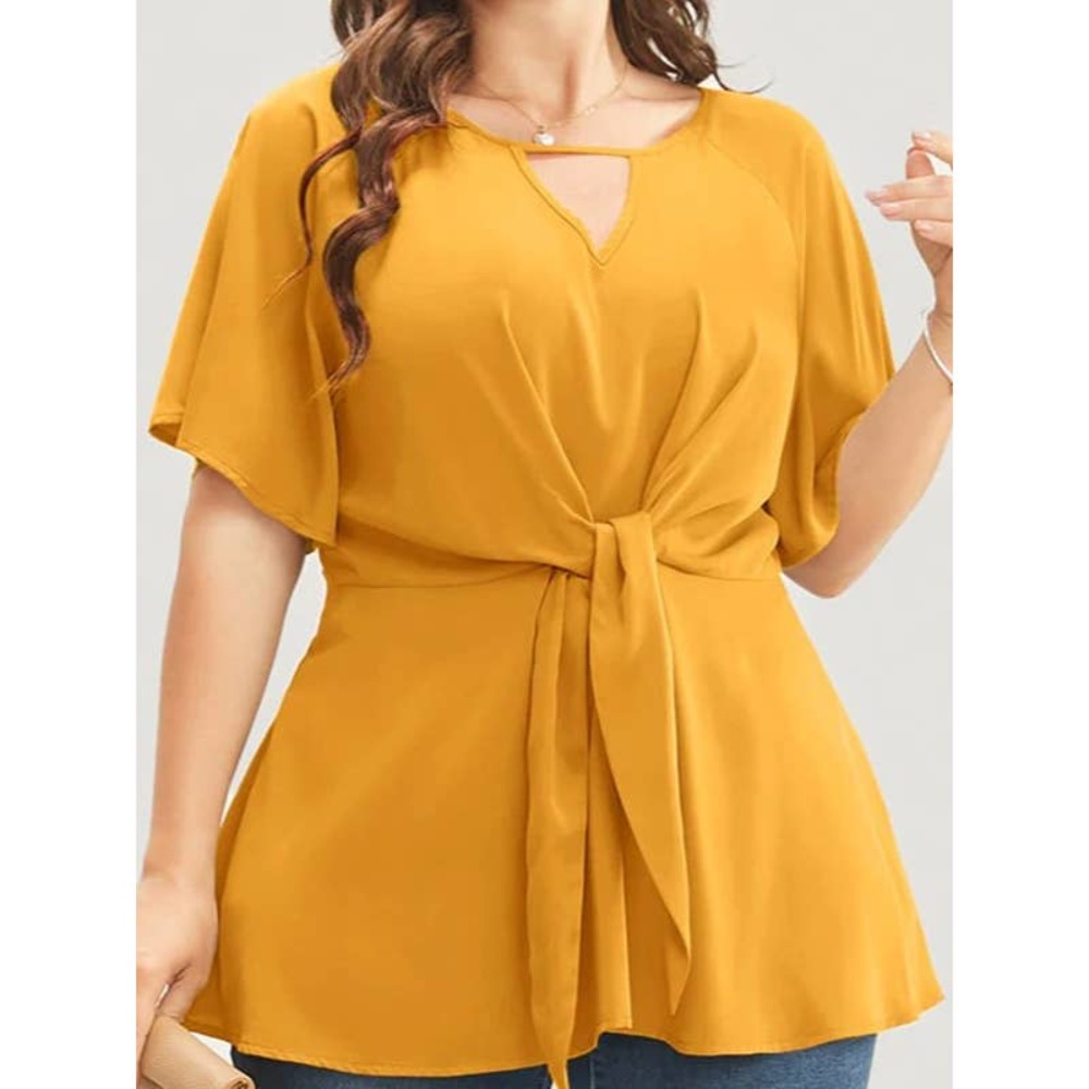 NWT Bloomchic Front Knot Ruffle Sleeve Blouse 1X Yellow
